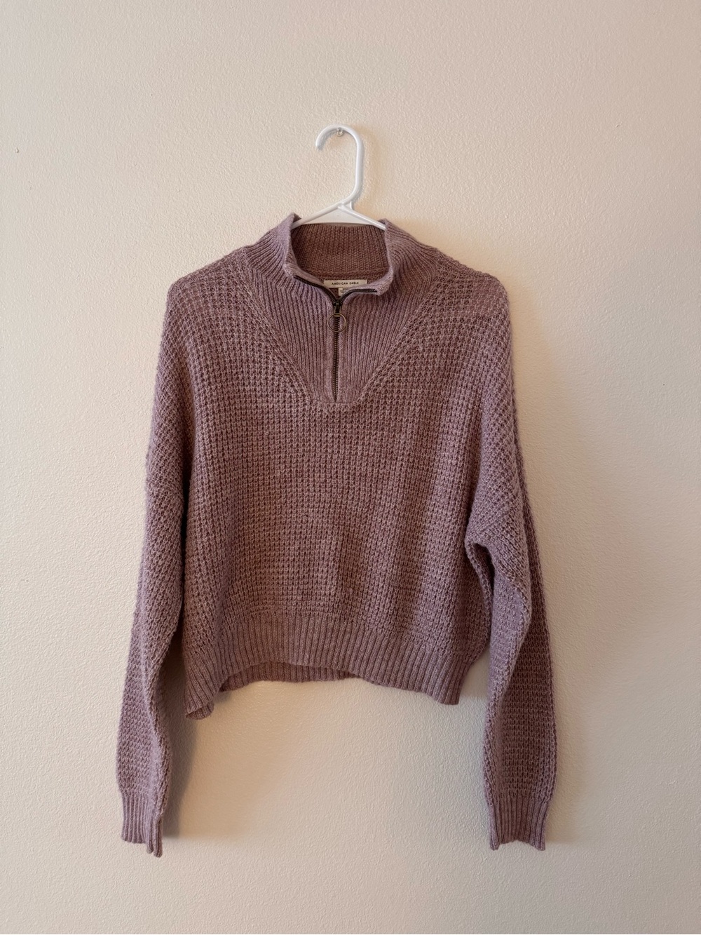 American Eagle Outfitters Mauve Quarter-Zip Waffle Knit Sweater